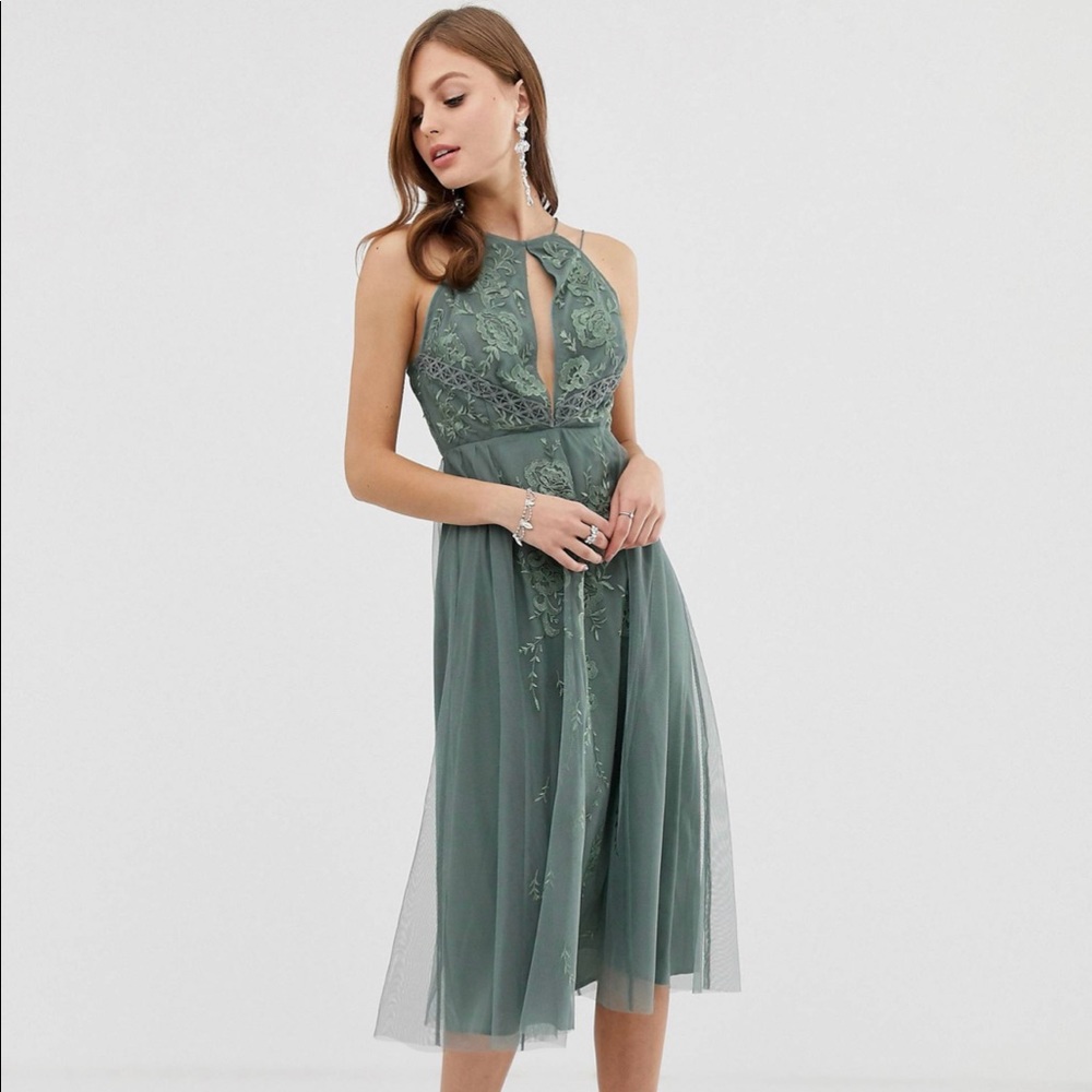 ASOS Double Strap Midi Dress Floral Embroidery NEW